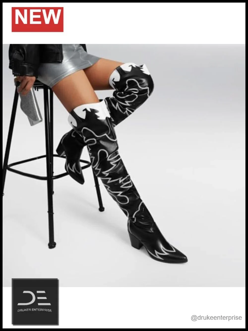 Faux Leather Over The Knee Cowgirl Boots Slouchy Chunky Heel Embroidery Slip-On